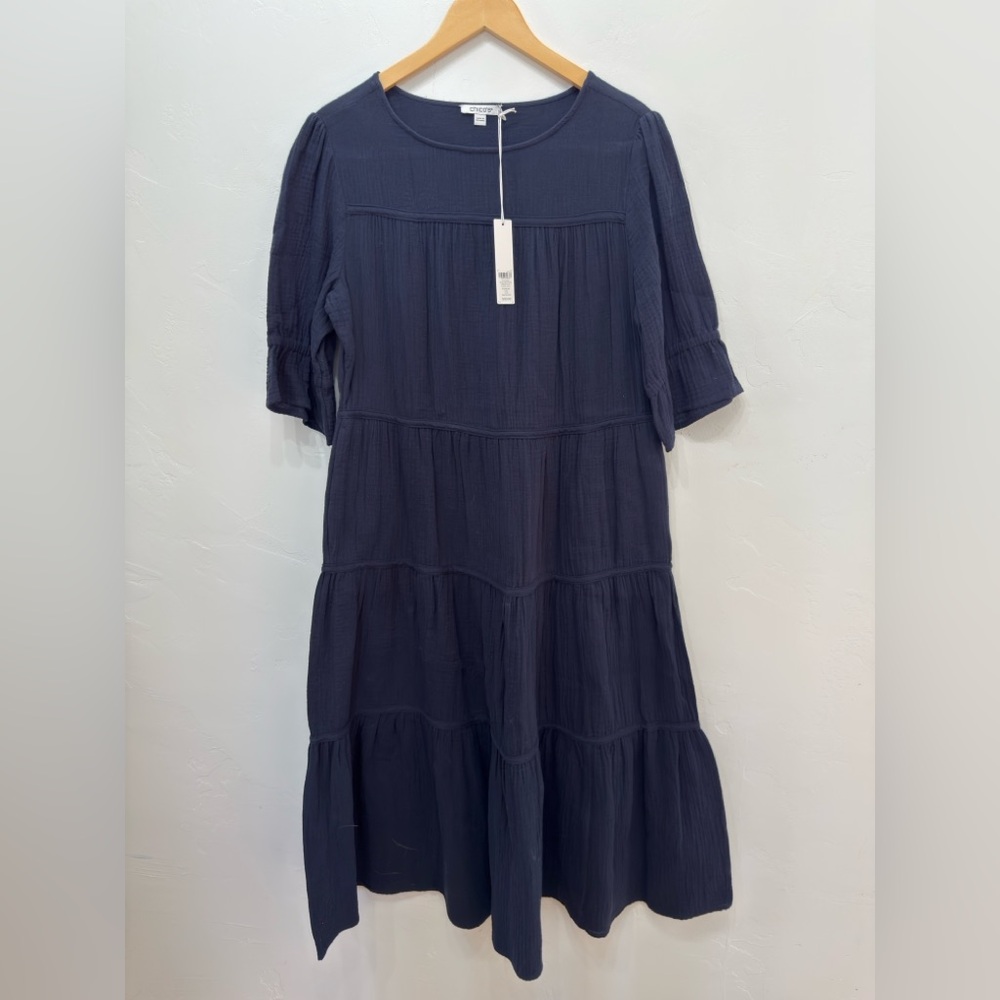 🆕 Chico's Navy Tiered Midi Dress, New with Tags, Size M (10) - Picture 2 of 5